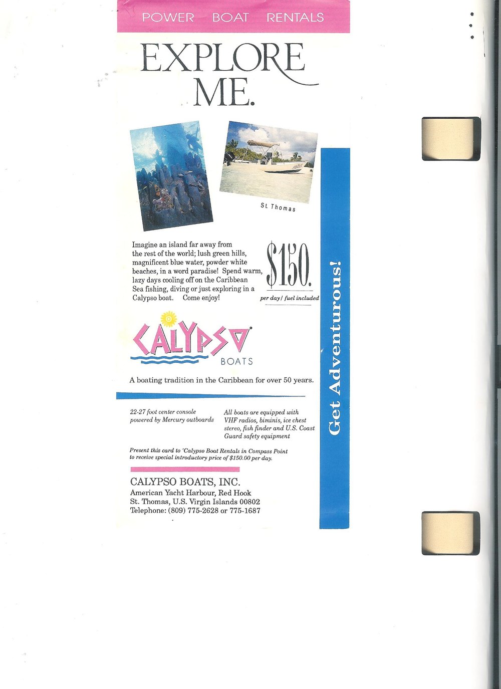 The vintage Calypso Boats 'Explore Me' power boat rental brochure, St. Thomas