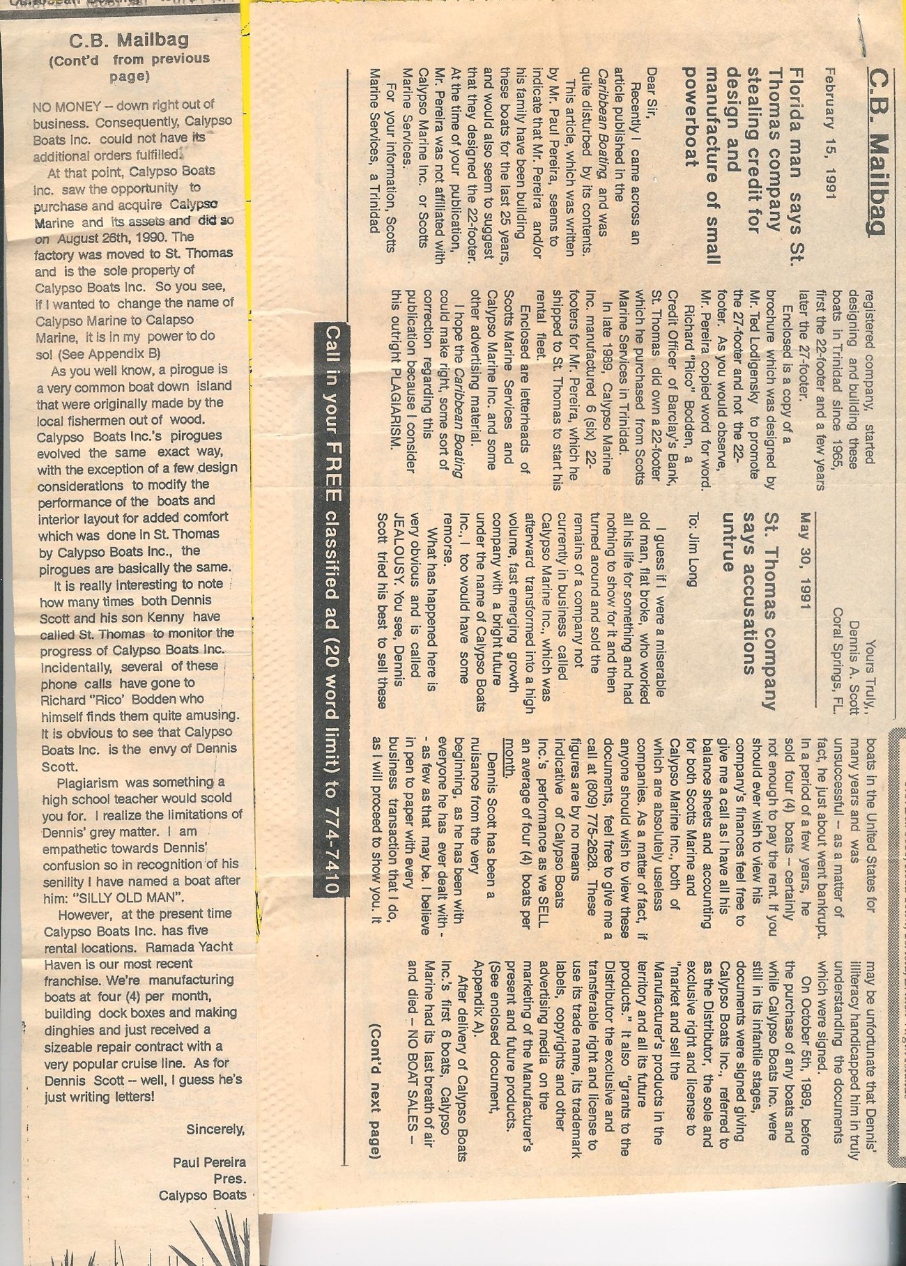 A 1991 Caribbean Boating 'C.B. Mailbag' clipping about Calypso Boats of St. Thomas
