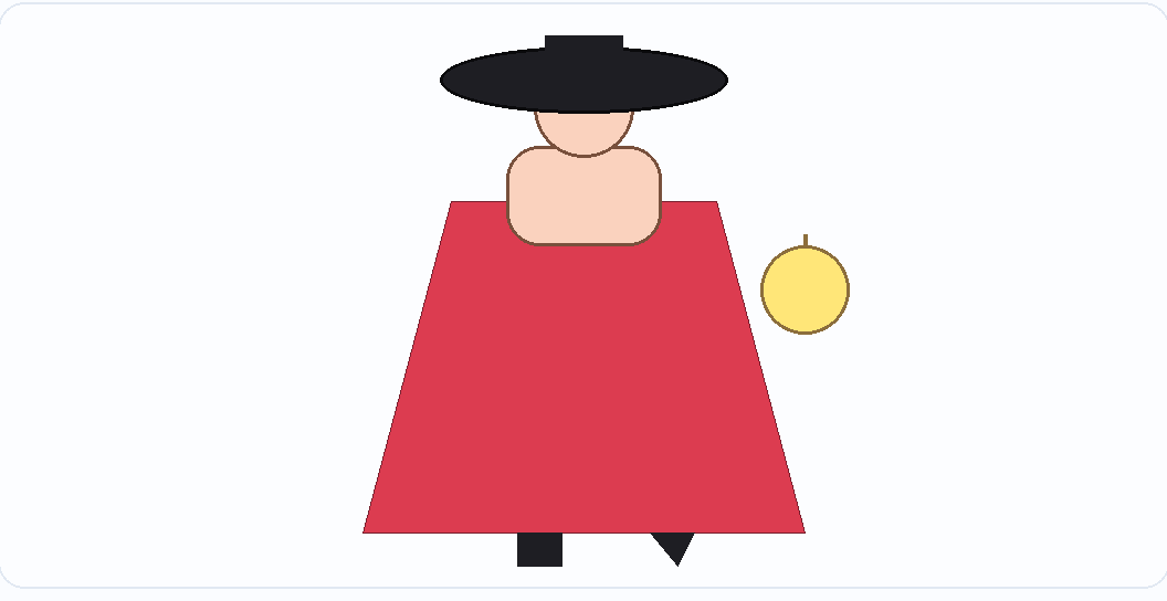 An illustration of La Diablesse — a figure in a red dress and wide black hat, one foot a cloven hoof, beside a full moon