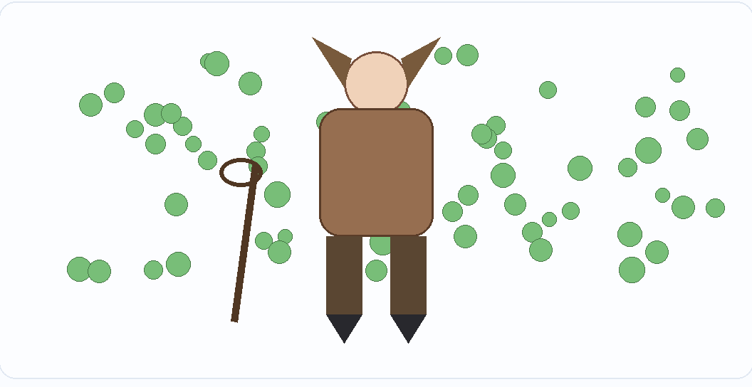 An illustration of Papa Bois — a bearded figure of the forest with a staff, surrounded by leaves